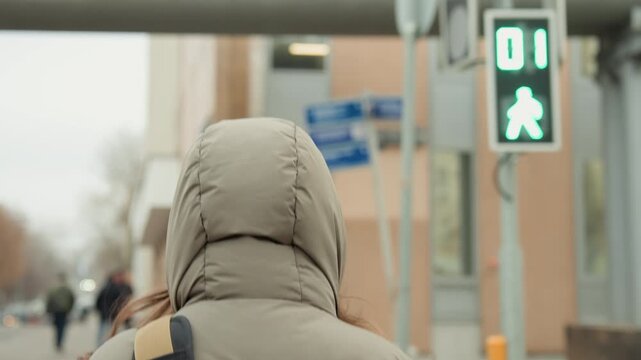 Rear view hooded figure waiting crosswalk. Quilted parka and backpack strap visible, red pedestrian signal illuminated, urban signage and poles in frame, overcast light and muted palette, solitary