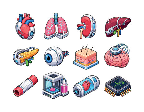 Artificial organs. Colorful isometric vector icons set of Artificial organs: artificial heart, bioengineered lung, synthetic kidney, robotic liver, bionic pancreas, artificial eye, lab grown skin,