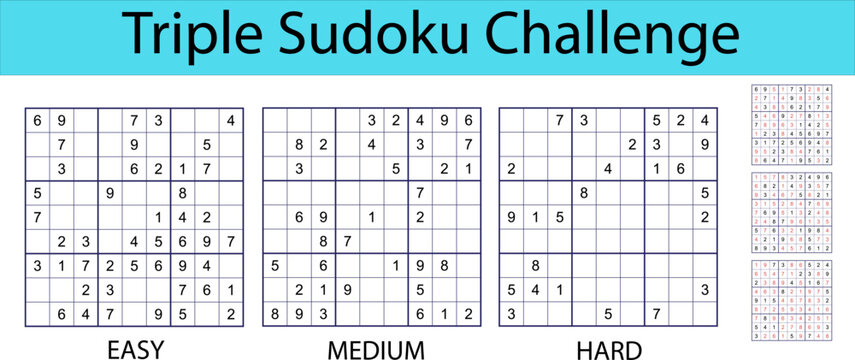 Triple Sudoku challenge illustration featuring three grids labeled easy, medium, and hard with numbers and a colorful header for puzzle enthusiasts and game lovers