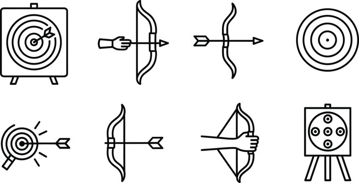 Archery sports and target practice icons featuring bows and arrows
