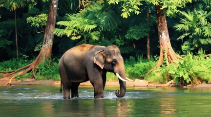 Fototapeta premium Large elephant walks in river water surrounded by dense green jungle vegetation. Tall trees with exposed roots frame peaceful Asian wildlife scene. Sunny day illuminates tropical forest environment.