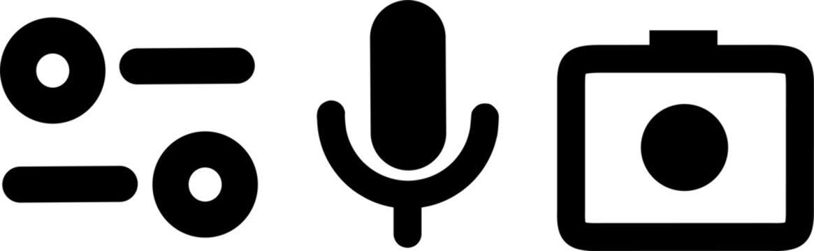 three sets of mic icons, camera lens, organizer settings flat design transparent background