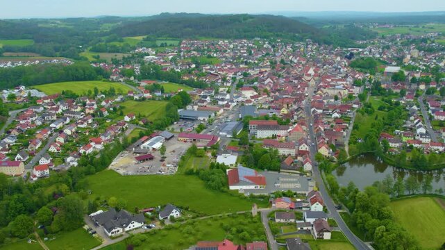 Aerial view of the city Auerbach in Germany, Bavaria on a sunny day in spring.