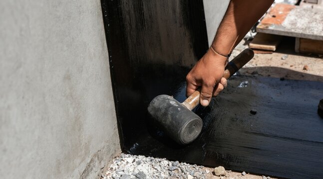 Worker installs waterproofing membrane on concrete wall foundation with rubber mallet. Exterior building moisture barrier protects basement from dampness ensuring structural integrity for longevity.