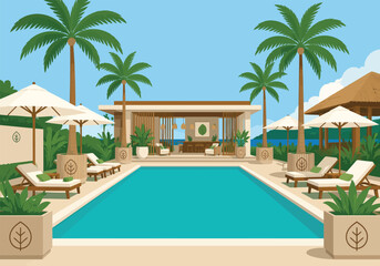 Fototapeta premium Luxury Tropical Resort Pool Vector Illustration with palm trees modern architecture and premium vacation lifestyle