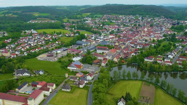 Aerial view of the city Auerbach in Germany, Bavaria on a sunny day in spring.