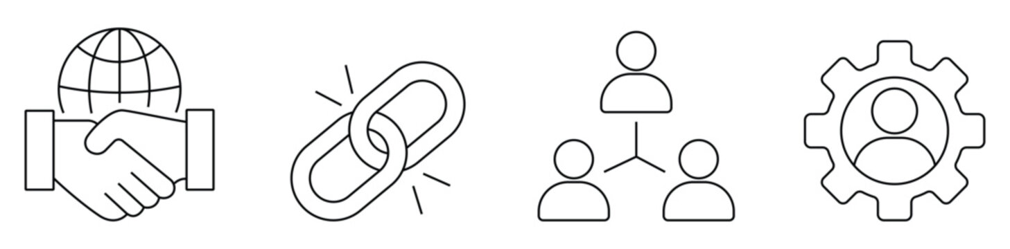 Business networking line icon set featuring handshake, link, team, gear, global partnership, connection, collaboration and community. editable stroke vector set.