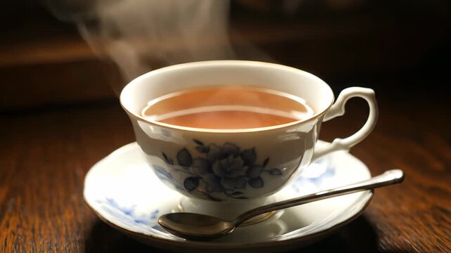 Hot drinks in patterned teacups, hot teacups with curling heat