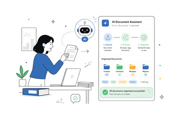 Fototapeta premium Automated document workflow. A character exchanges documents with a smart AI interface that sorts files, tags pages, and confirms completed steps. The scene communicates efficient paperwork, clean