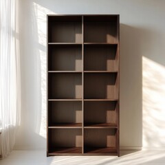 Fototapeta premium Dark wood shelving unit with ten open compartments, sunlit