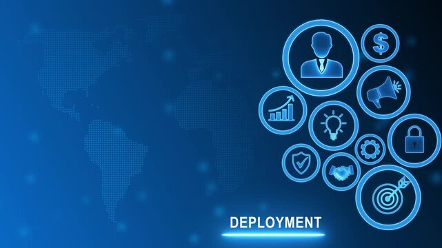 Global Deployment Strategy with Digital Icons and World Map Background
