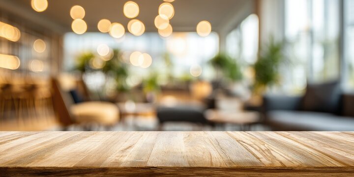 Wooden table in foreground, blurred cafe interior background with bokeh lights