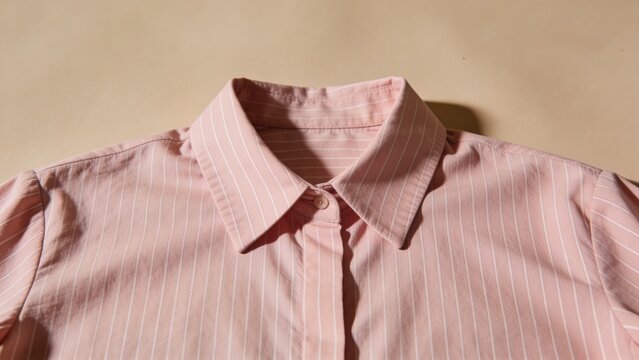 direct frontal shot of pink stripped shirt placed neatly on a beige background