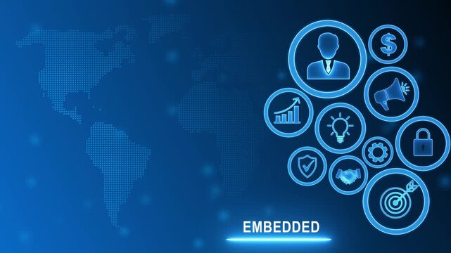 Embedded systems technology digital face with futuristic icons hologram blue neon lighting cyber security AI innovation