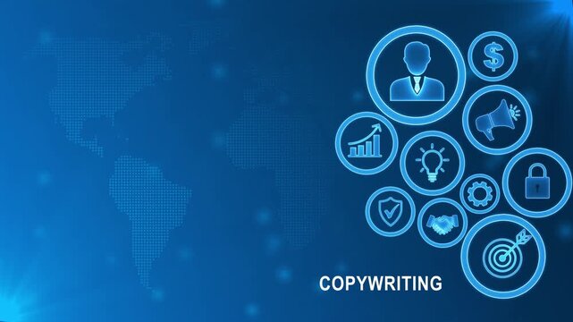 Global copywriting Strategy with Digital Icons and World Map Background