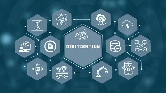 Corporate digitization process changing physical paperwork into secure cloud data storage and automated paperless digital workflows.