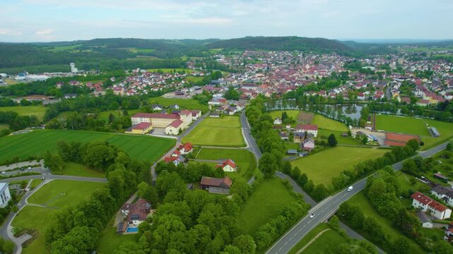 Aerial view of the city Auerbach in Germany, Bavaria on a sunny day in spring.