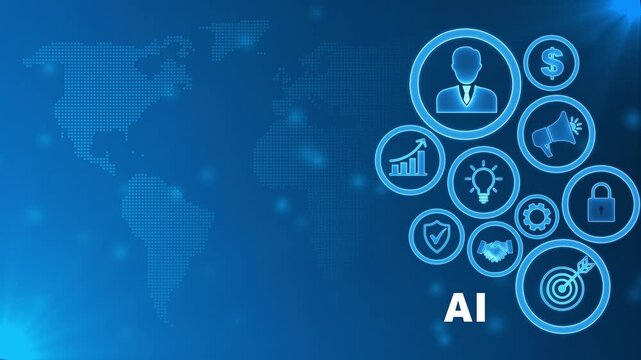 Global AI Strategy with Digital Icons and World Map Background