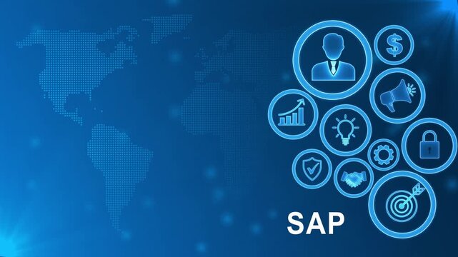 Global SAP Strategy with Digital Icons and World Map Background