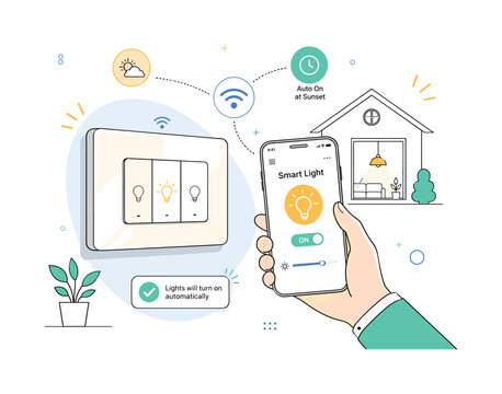 Smart Home Switch Plate. A sleek switch plate connects to floating app icons, Wi-Fi waves, and a tiny house outline as the lights turn on automatically. A calm hand holds a smartphone nearby, showing