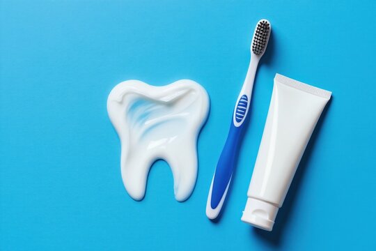 Tooth symbol made with toothpaste and toothbrush. White paste on blue background. Clean healthy teeth care routine concept. Freshness and hygiene object.