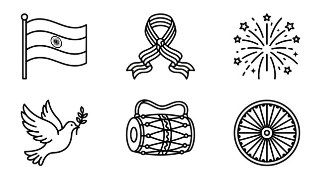 Indian Independence Day Celebration Icons Set.