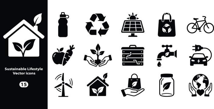 Set of 15 sustainable lifestyle vector icons, ecofriendly living, green energy, recycling, organic food, and environmental protection symbols