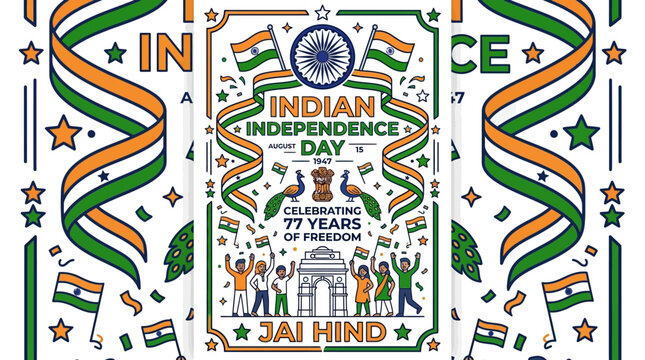 Indian Independence Day celebration poster with patriotic elements and people illustration.