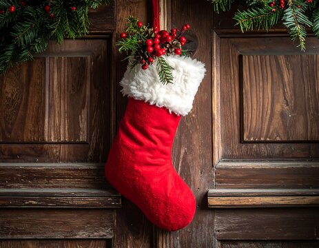 Festive Red Christmas Stocking Hanging on Rustic Wooden Door with Evergreen Garland