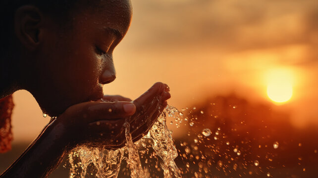 a young girl drinking clean water from an outdoor tap  humanitarian concept  hope and survival
