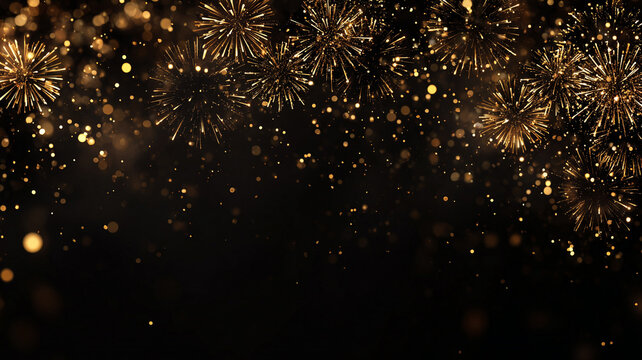 black background with elegant gold fireworks and luxury glowing particles