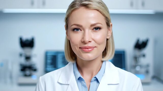 Close-up of a female laboratory doctor smiling, a female laboratory researcher smiling