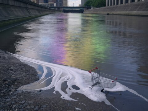 Colorful rainbow reflection on wet urban street with foamy water at dusk abstract city pavement texture background