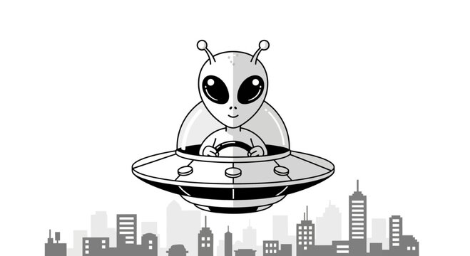 Friendly alien in a flying saucer above a city skyline, cartoon style