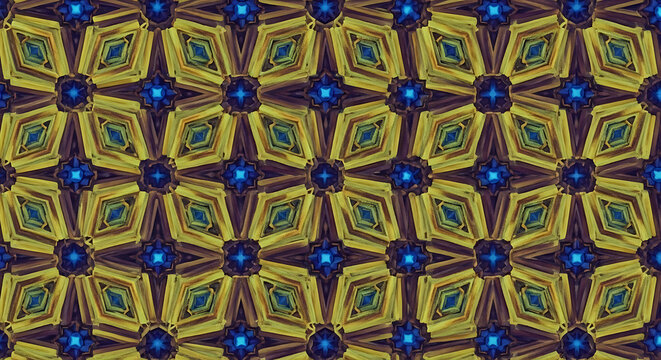 Seamless geometric pattern with abstract yellow and blue diamond shapes and starlike floral elements