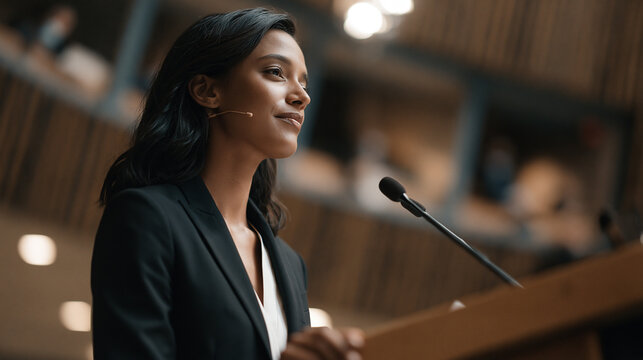 Delegate from smaller member nation delivering impassioned address at United Nations podium before full assembly floor, earpiece visible, translators working in glass booths above