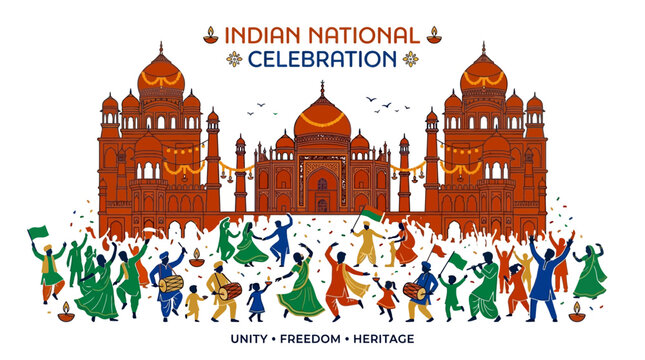 Indian national celebration with diverse people dancing and monument illustration.