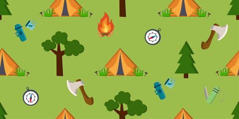 Fototapeta premium Camping Adventure Seamless Pattern with Tent, Compass and Forest Equipment. Perfect for fabric printing, wrapping paper, children's products, wallpapers, scrapbooking and outdoor themed designs.