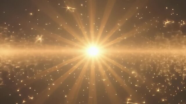 Radiant golden light burst with shimmering particles floating in a dark ethereal void creating a mesmerizing motion background effect for cinematic projects and high quality digital abstract art video