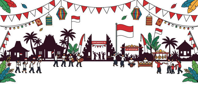 Indonesian Independence Day Celebration Scene with Traditional Houses and People.