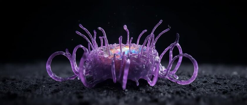 Abstract microorganism featuring a luminescent liquid shell and a swirling nebula gas core