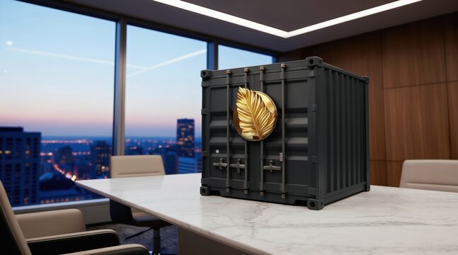 Modern office meeting room with large windows overlooking city skyline at dusk. Dark gray shipping container sits on marble table with golden leaf emblem. Interior design evokes luxury and business.