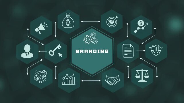 Corporate branding identity and marketing strategy concept background featuring megaphone and public relations icons.