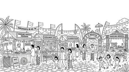 Fototapeta premium Indonesian street market festival scene with families and local food stalls.