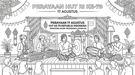 Obraz premium Indonesian traditional gamelan musical performance for independence day celebration line art illustration.