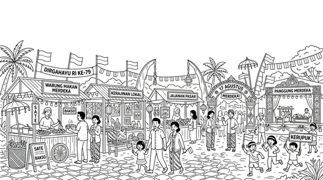 Indonesian street market festival scene with families and local food stalls.