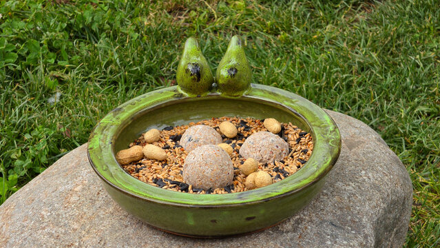 Green glazed ceramic bird feeder bowl filled with suet balls and wild bird seeds resting on a large gray garden stone