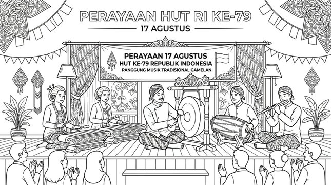Indonesian traditional gamelan musical performance for independence day celebration line art illustration.