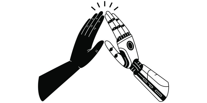 Flat vector illustration of human and robot high five silhouette, technology collaboration artwork concept, partnership design illustration and unity artwork