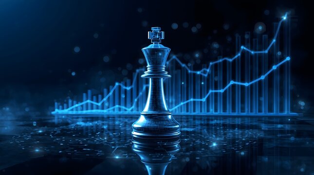 Digital King - Strategic Chess Piece with Financial Growth Chart in Background.